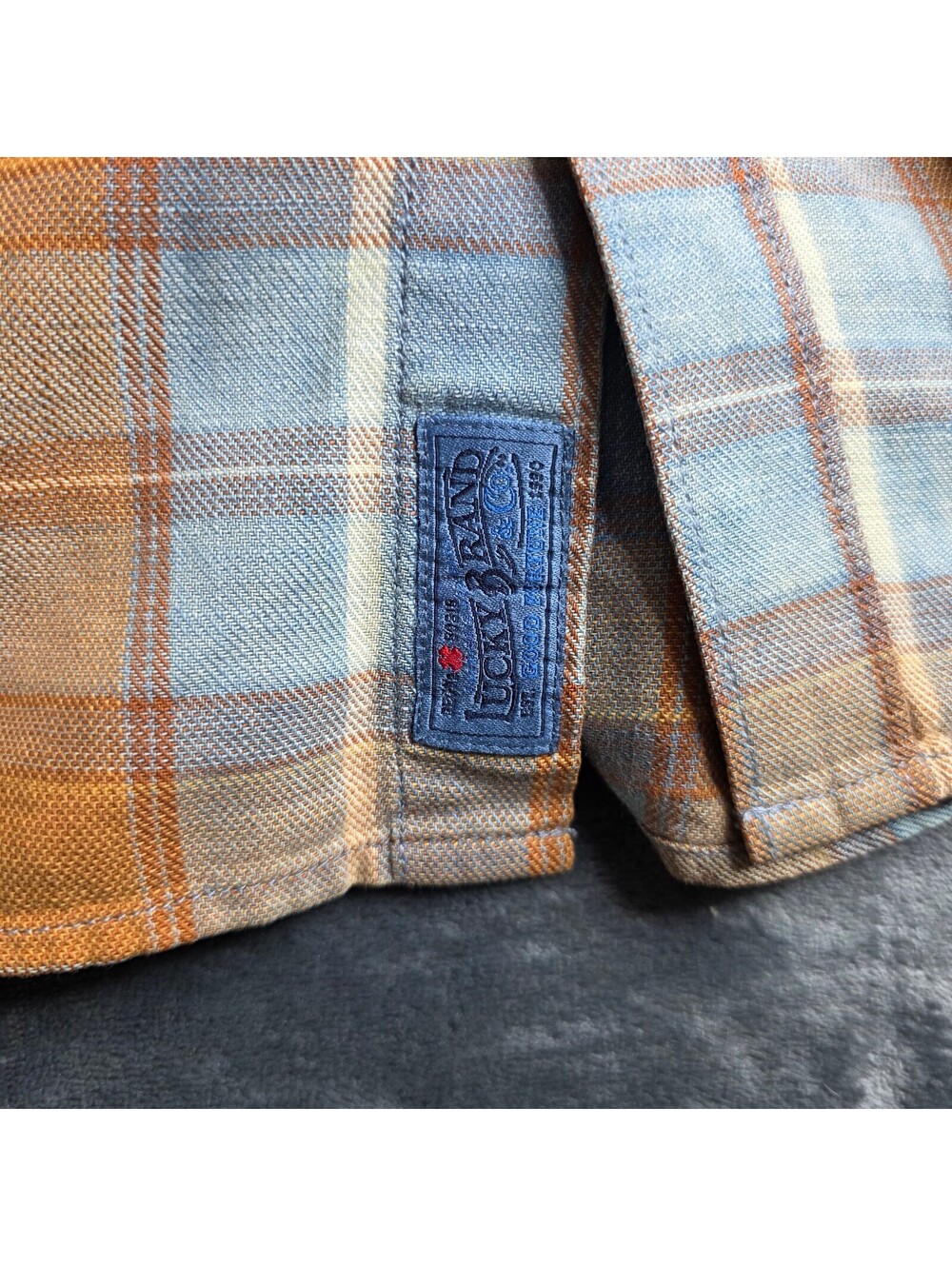 Lucky Brand men's long sleeve plaid flannel blue and mustard yellow  Sz Large. - Picture 6 of 8